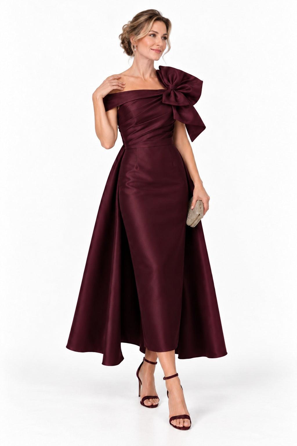 A-Line Tea Length Satin Mother of the Bride Dress CM0519 - Wine - COCOMELODY